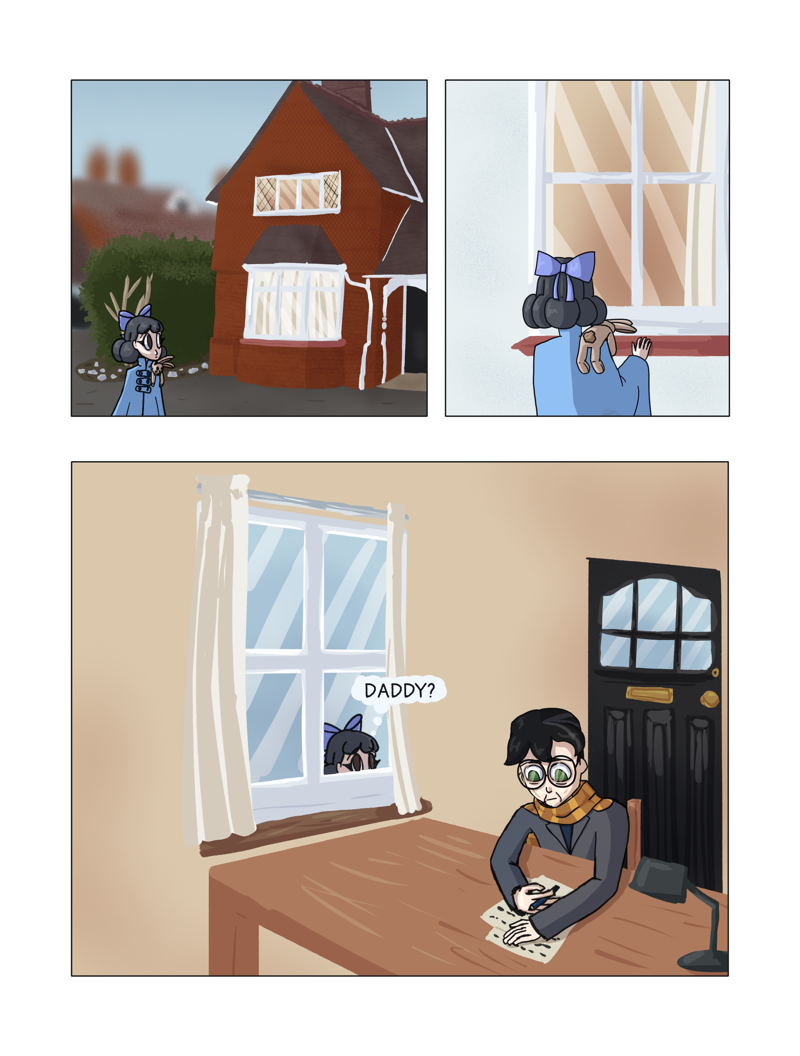 Allison is in front of the Stableyard Cottages. She then peeks through one of the windows of Cottage 2, sees her father on her desk working, and thinks 'Daddy?'.